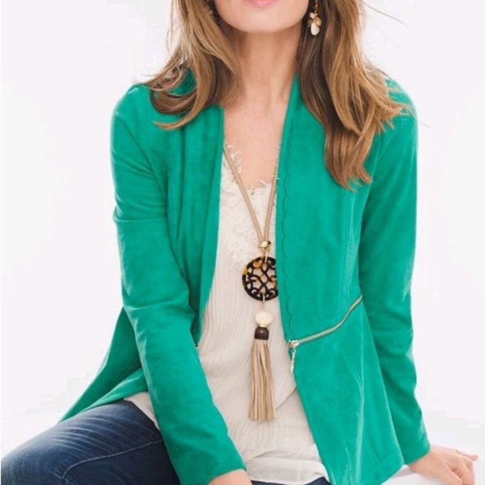 Chico’s Green Faux Suede Convertible Peplum Jacket 3